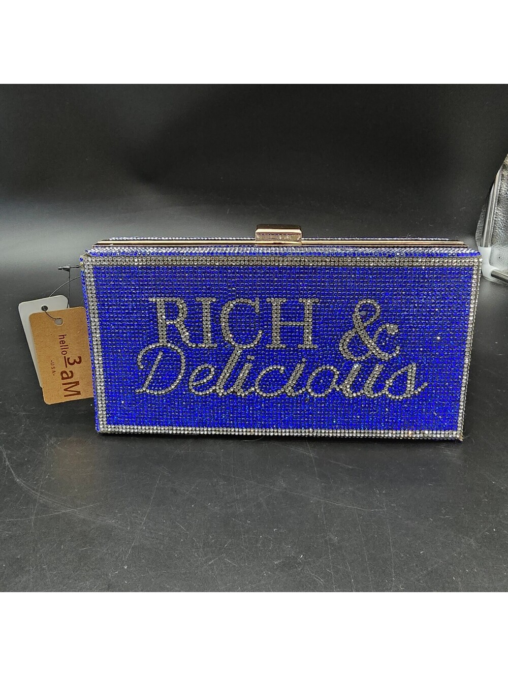 Hello 3AM Rich & Delicious Royal Blue Crystal Rhinestone Hard Box Clutch Bag NWT